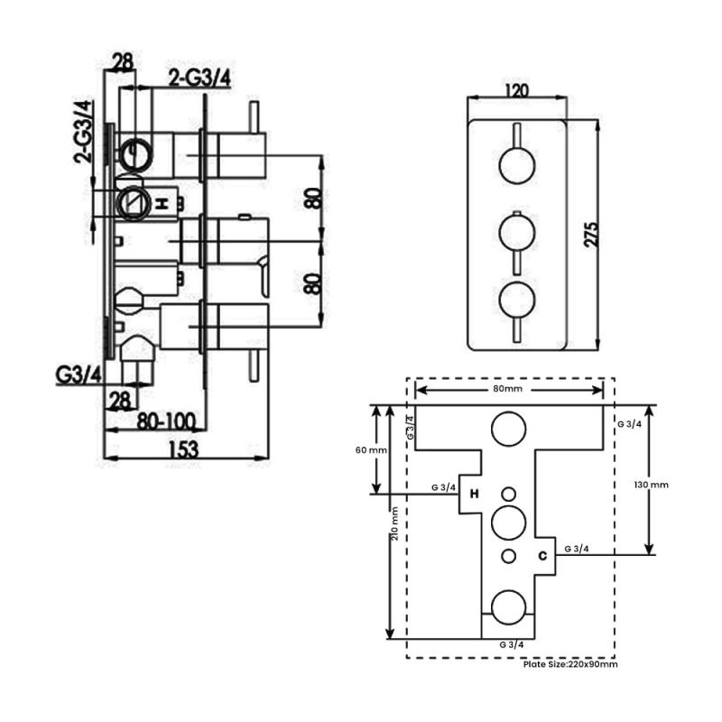 JTP Florence Thermostatic Concealed 3 Outlet Shower Valve Triple Handle - Chrome