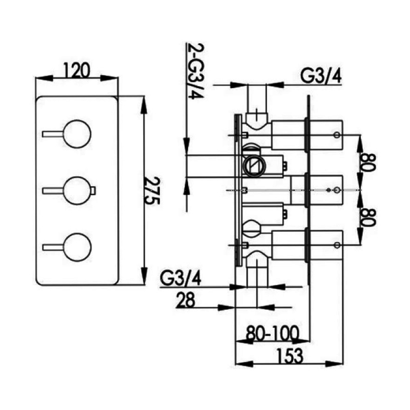 JTP Florence Thermostatic Concealed 2 Outlet Shower Valve Triple Handle - Chrome