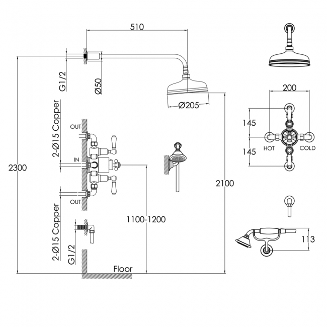 JTP Grosvenor Exposed Thermostatic Shower Mixer with Fixed Shower Head and Handshower - Brushed Brass