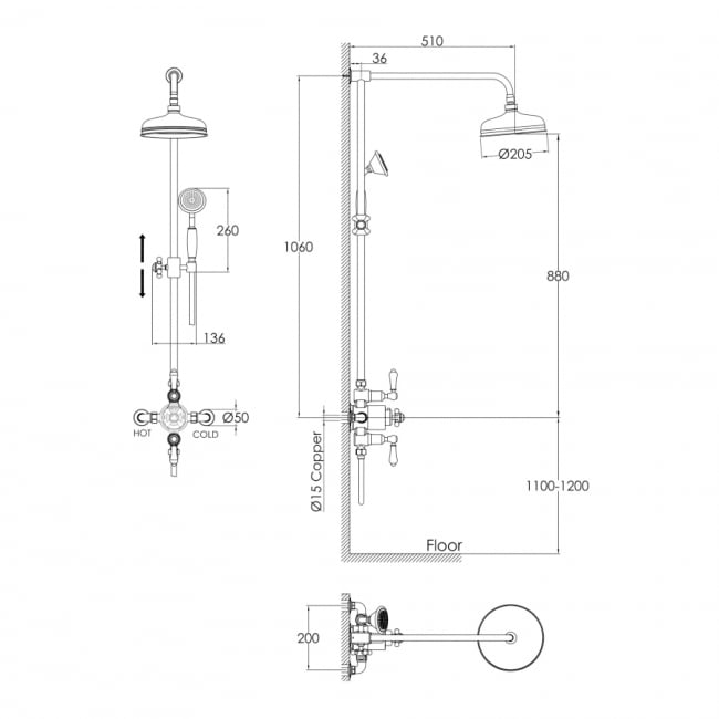 JTP Grosvenor Exposed Thermostatic Shower Mixer with Rigid Riser and Fixed Head - Brushed Brass