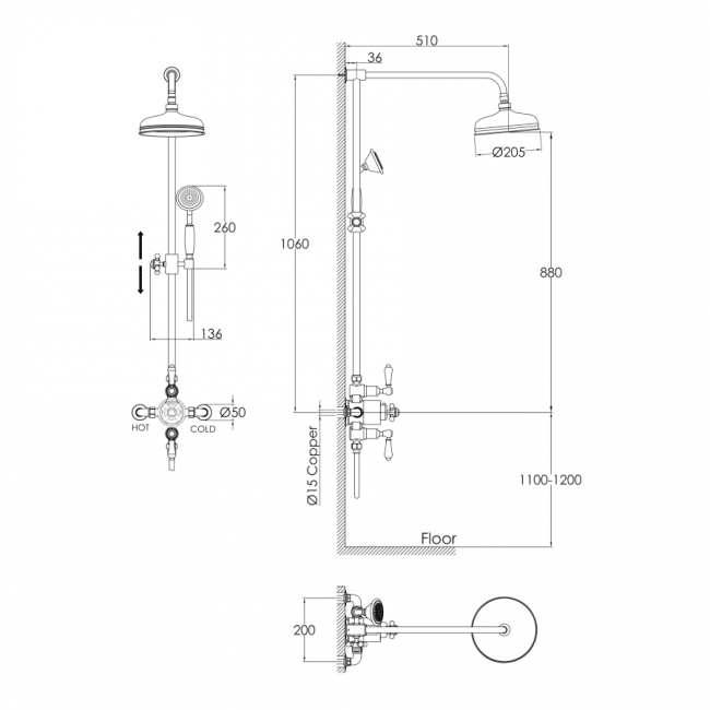 JTP Grosvenor Exposed Thermostatic Shower Mixer with Fixed Shower Head and Shower Kit - Brushed Brass