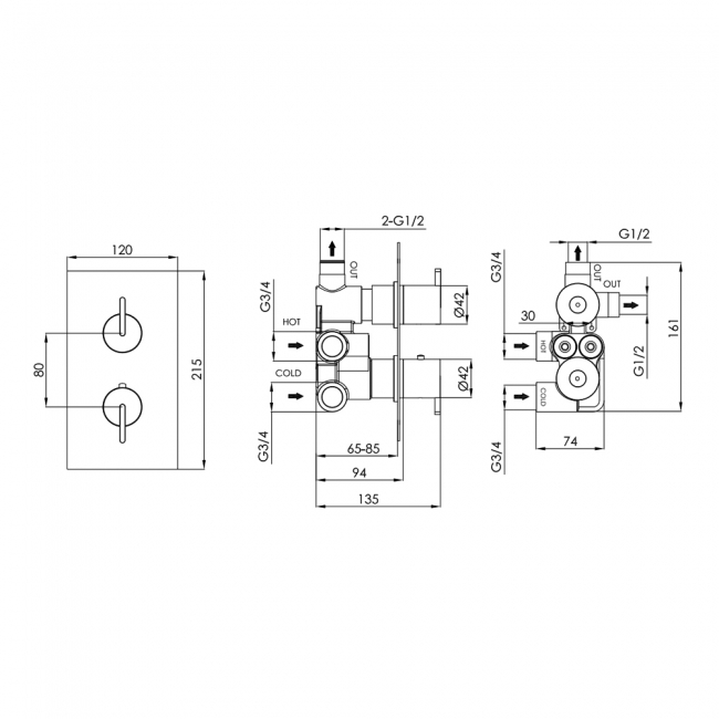 JTP Kio Dual Concealed Mixer Shower with Shower Handset + Fixed Head