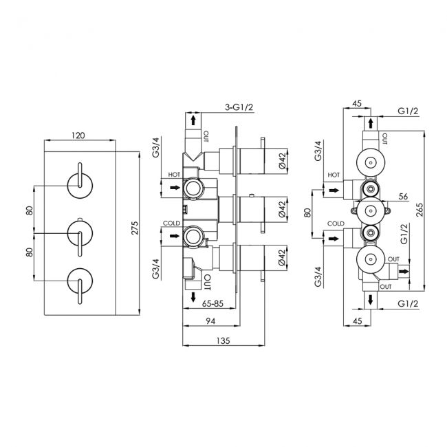 JTP Kio Dual Concealed Mixer Shower with Shower Handset + Bath Filler + Fixed Head