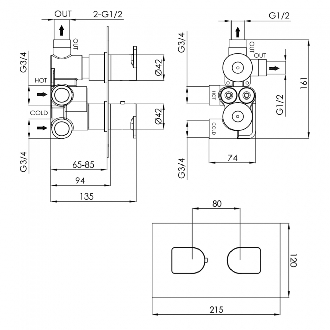 JTP Form Dual Concealed Mixer Shower with Shower Handset + Fixed Head