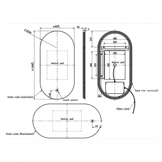 JTP Vision LED Bathroom Mirror with Touch Sensor 1000mm H x 500mm W