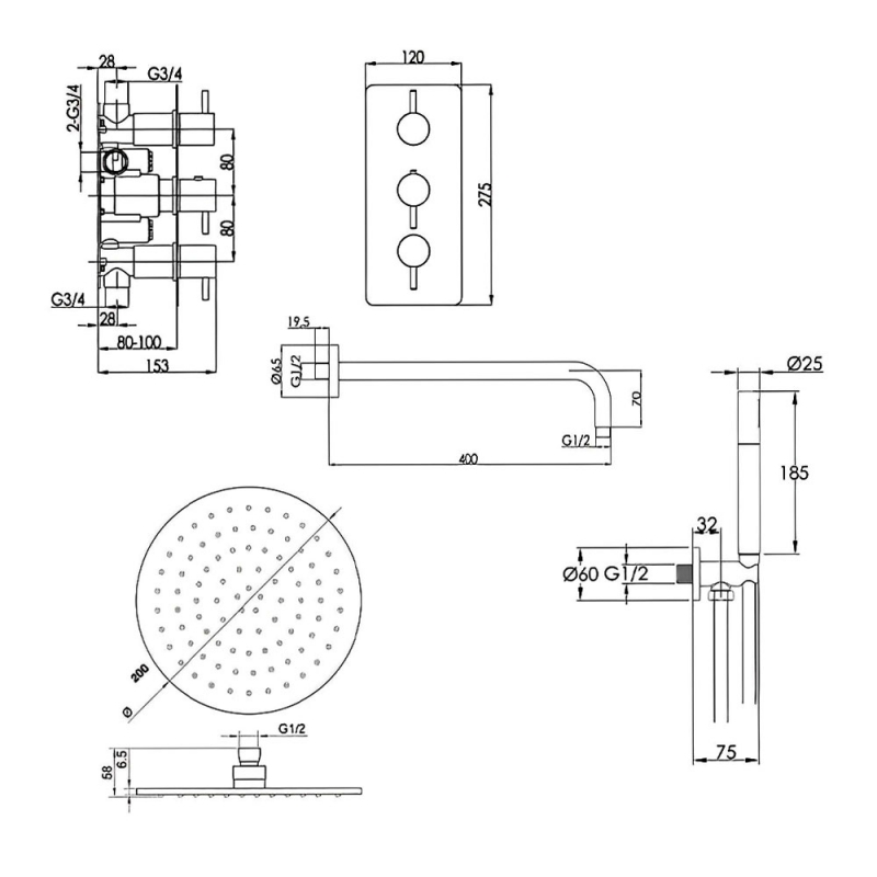 JTP Vos Thermostatic Triple Concealed Mixer Shower with Shower Handset + Fixed Head - Brushed Brass