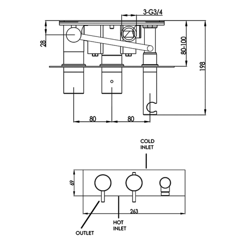 JTP Vos Thermostatic Concealed 2 Outlets Shower Valve with Attached Handset - Brushed Brass