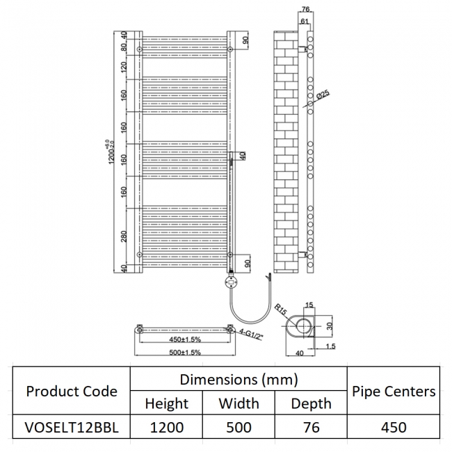 JTP Vos Electric Towel Rail with Thermostatic Heating Element 1200mm H x 500mm W - Brushed Black