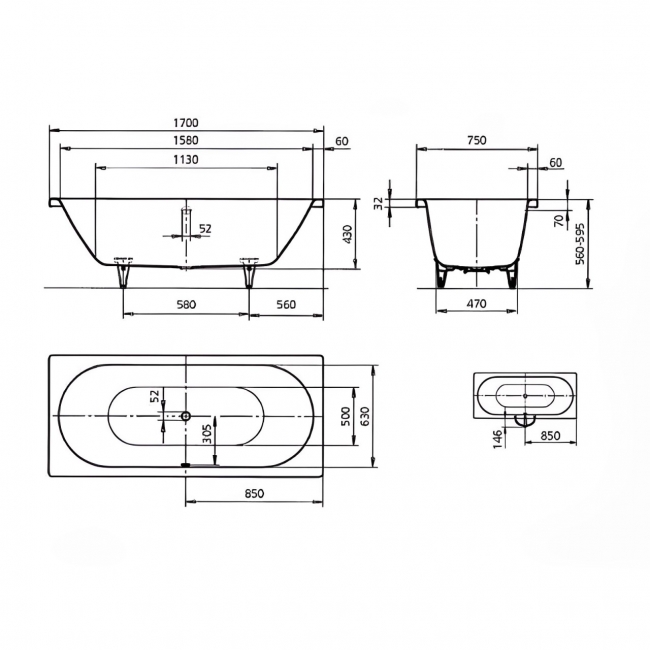 Kaldewei Classic Duo Rectangular Steel Bath 1700mm x 750mm 0 Tap Hole