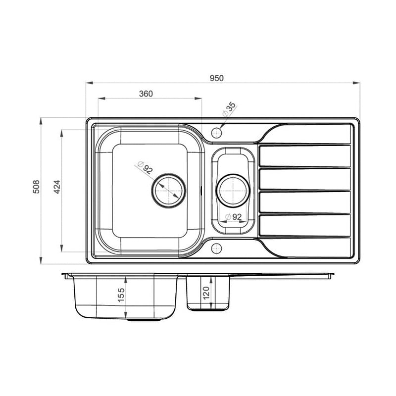 Leisure Albion 1.5 Bowl Stainless Steel Kitchen Sink with Waste Kit 950mm L x 508mm W - Polished