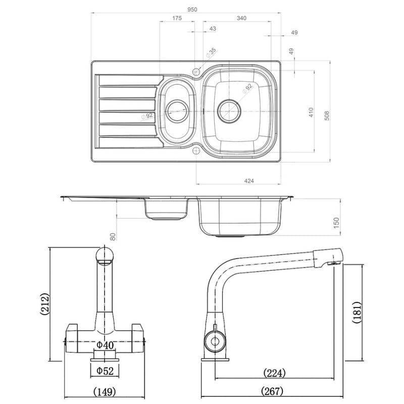 Leisure Eaton 1.5 Bowl Stainless Steel Kitchen Sink with Aquadrift Tap & Waste Kit 950mm L x 508mm W - Satin