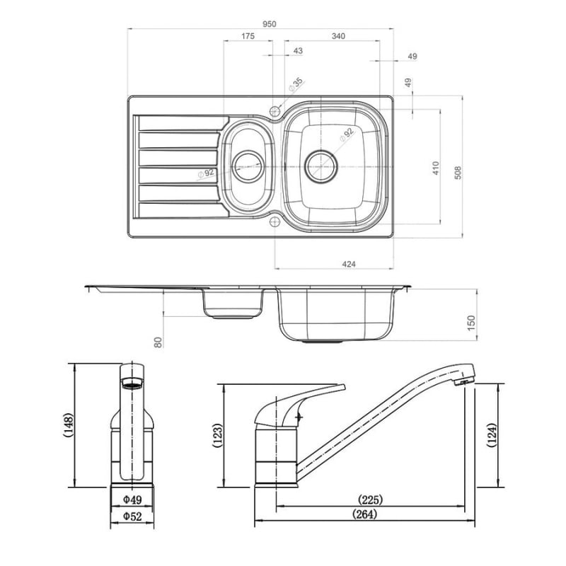 Leisure Eaton 1.5 Bowl Stainless Steel Kitchen Sink with Aquamono 40 Tap & Waste Kit 950mm L x 508mm W - Satin