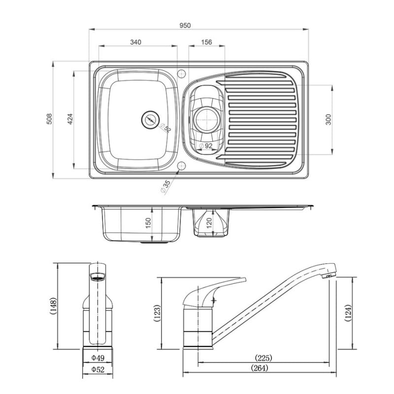 Leisure Euroline 1.5 Bowl Stainless Steel Kitchen Sink with Aquamono 40 Tap & Waste Kit 950mm L x 508mm W - Satin