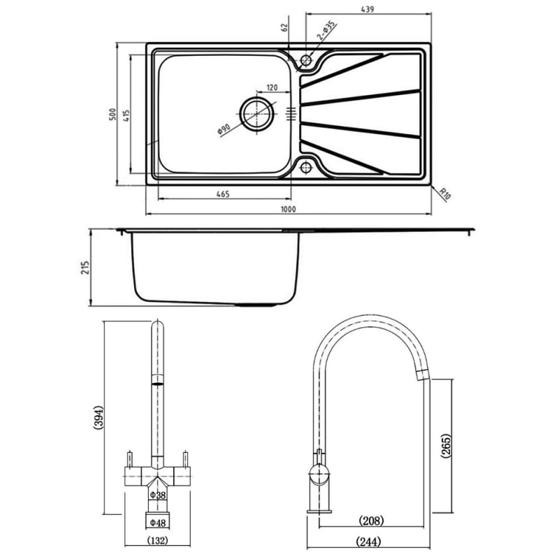 Leisure Nimbus 1.0 Bowl Stainless Steel Kitchen Sink with Aquaswan Dual Tap & Waste Kit 1000mm L x 500mm W - Polished