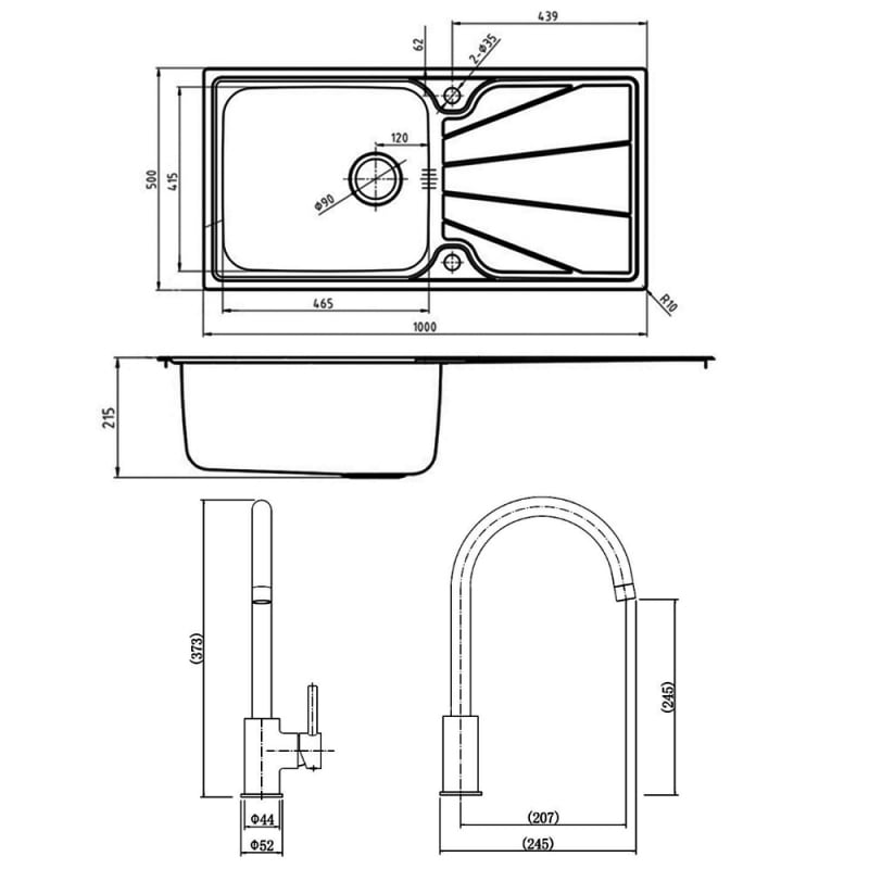 Leisure Nimbus 1.0 Bowl Stainless Steel Kitchen Sink with Aquaswan Single Tap & Waste Kit 1000mm L x 500mm W - Polished