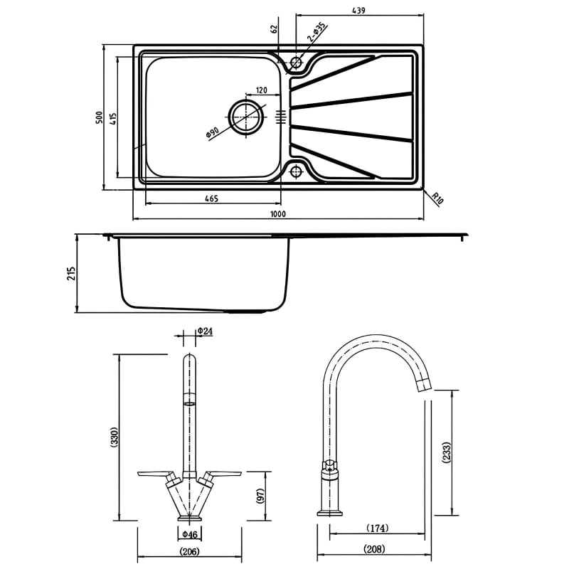 Leisure Nimbus 1.0 Bowl Stainless Steel Kitchen Sink with Aquatwin Tap & Waste Kit 1000mm L x 500mm W - Polished