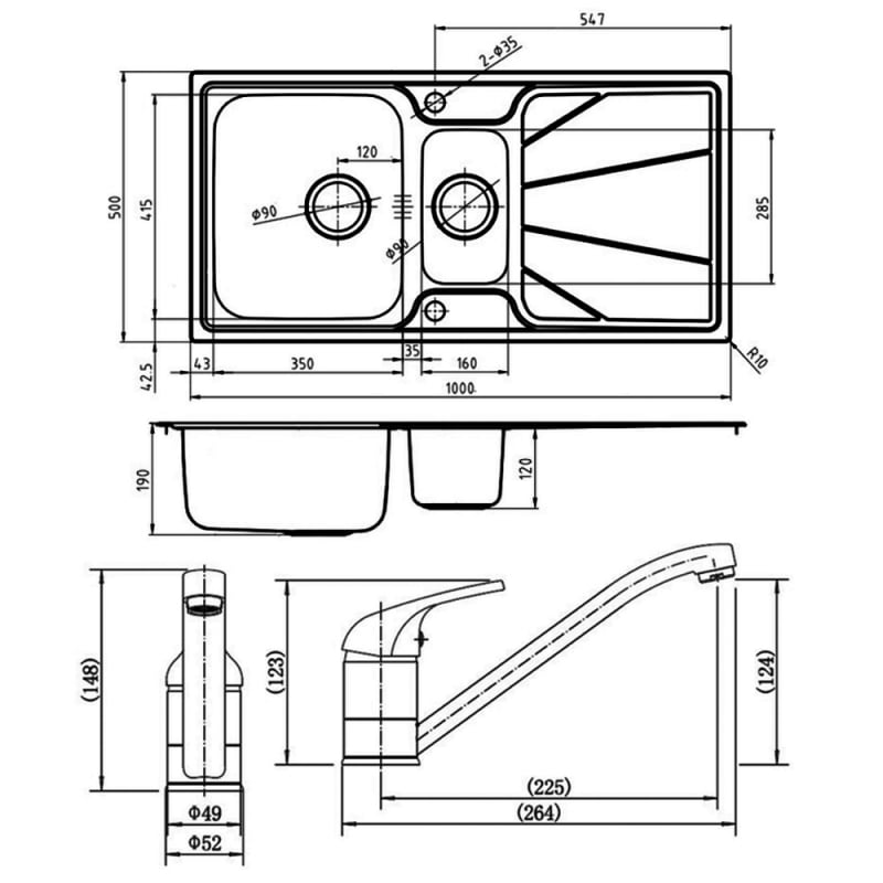 Leisure Nimbus 1.5 Bowl Stainless Steel Kitchen Sink with Aquamono 40 Tap & Waste Kit 1000mm L x 500mm W - Polished