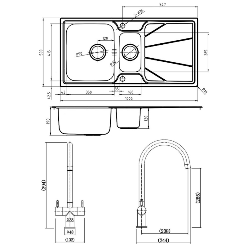 Leisure Nimbus 1.5 Bowl Stainless Steel Kitchen Sink with Aquaswan Dual Tap & Waste Kit 1000mm L x 500mm W - Polished