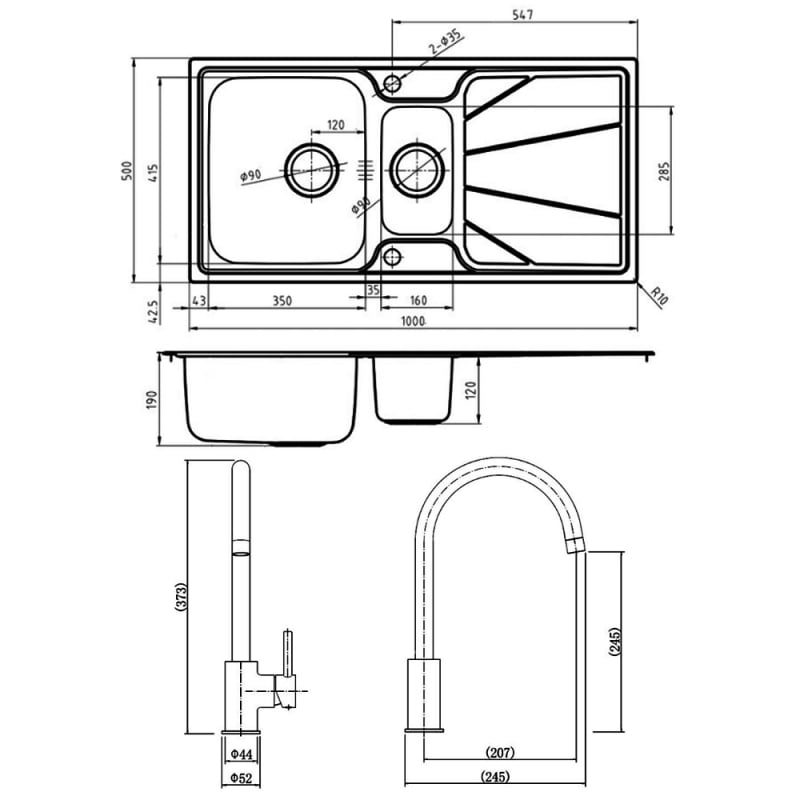 Leisure Nimbus 1.5 Bowl Stainless Steel Kitchen Sink with Aquaswan Single Tap & Waste Kit 1000mm L x 500mm W - Polished