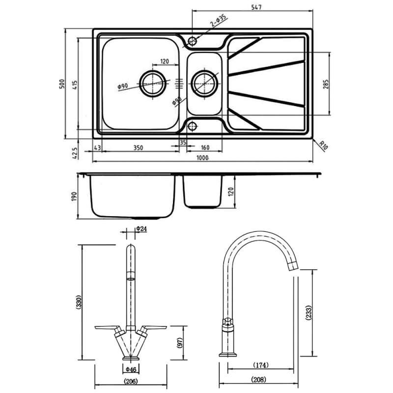 Leisure Nimbus 1.5 Bowl Stainless Steel Kitchen Sink with Aquatwin Tap & Waste Kit 1000mm L x 500mm W - Polished