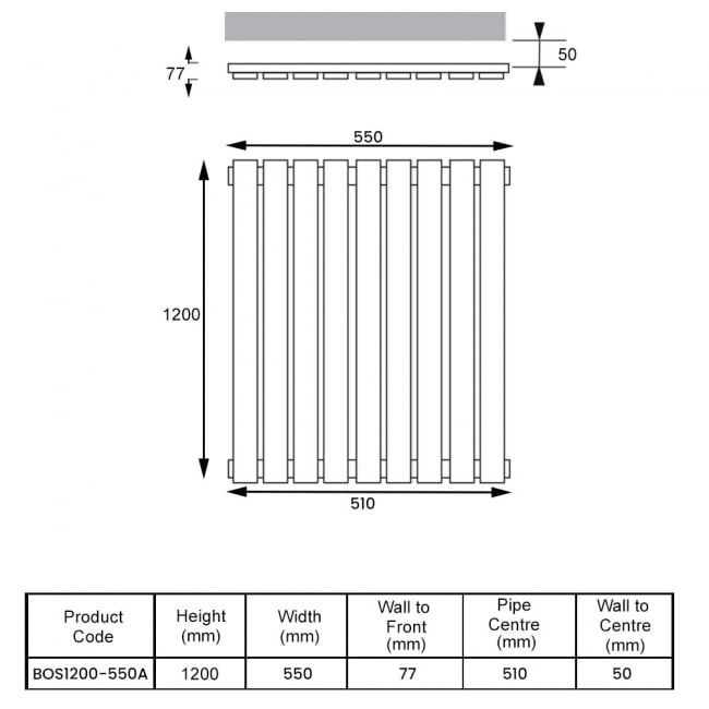 MaxHeat Boston Designer Radiator 1200mm H x 550mm W Anthracite