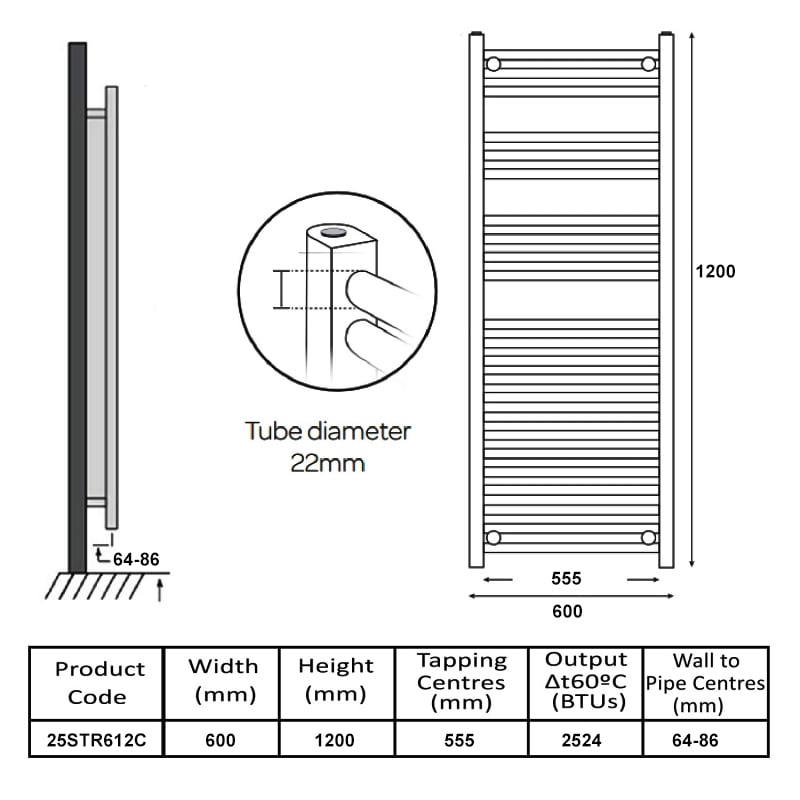 MaxHeat K-Rail Premium Straight Towel Rail 1200mm H x 600mm W - Chrome