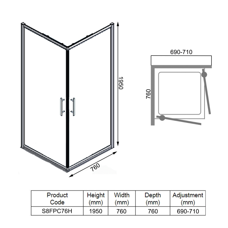 Merlyn 8 Series Frameless Double Pivot Door Showerwall  760mm x 760mm - 8mm Glass