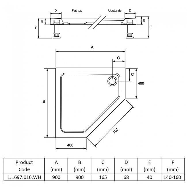 Mira Flight Low Pentagonal Shower Tray with Waste 900mm X 900mm - Flat Top