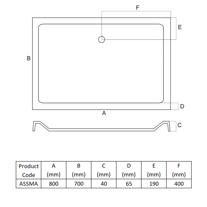 MX Elements Rectangular Anti-Slip Shower Tray with Waste 800mm x 700mm Flat Top