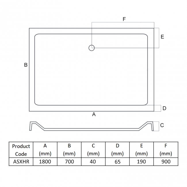 MX Elements Rectangular Anti-Slip Shower Tray with Waste 1800mm x 700mm Flat Top