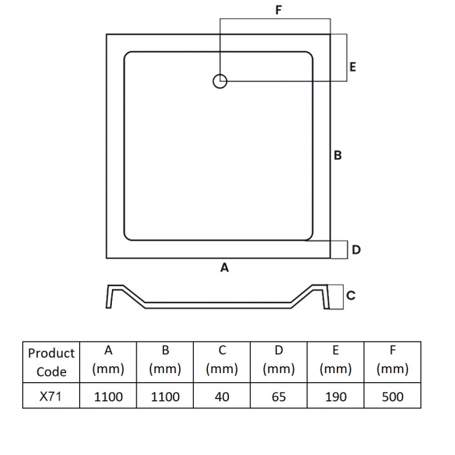 MX Elements Square Shower Tray with Waste 1100mm x 1100mm Flat Top