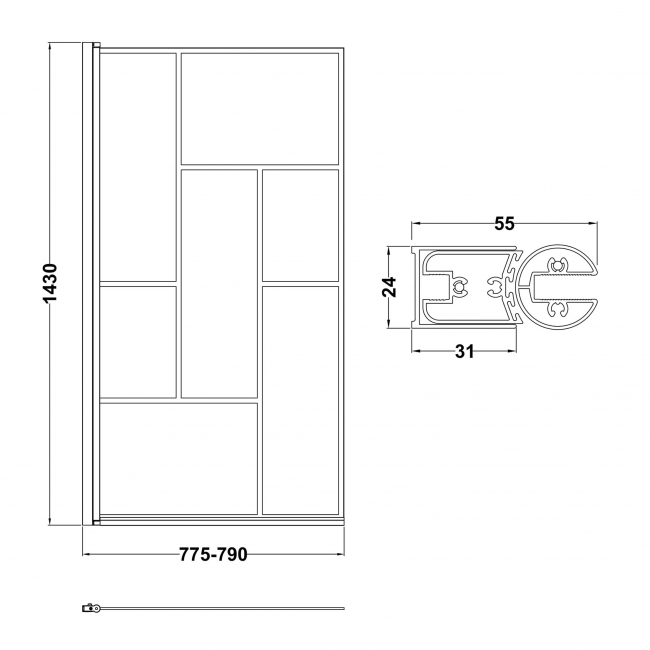 Nuie Abstract Matt Black Framed Square Bath Screen 1430mm H x 790mm W - 6mm Glass