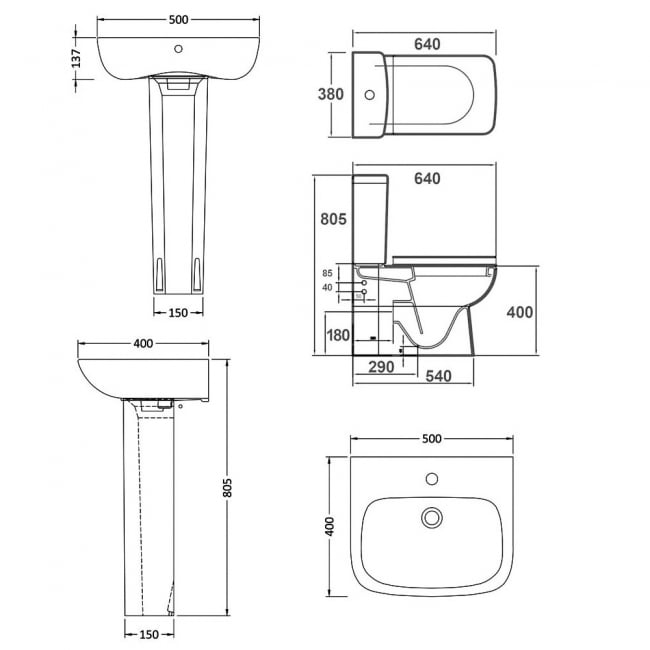 Nuie Ambrose Bathroom Suite 500mm Wide Basin