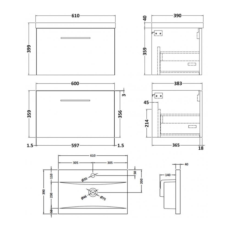 Nuie Arno Wall Hung 1-Drawer Vanity Unit with Basin-1 600mm Wide - Satin Grey