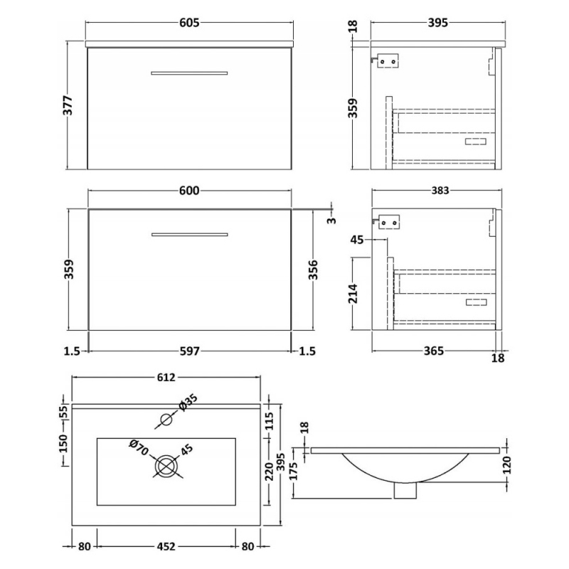 Nuie Arno Wall Hung 1-Drawer Vanity Unit with Basin-2 600mm Wide - Gloss White