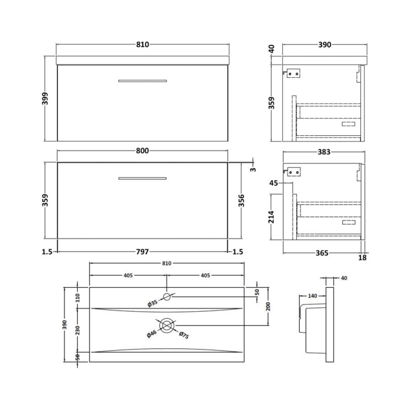 Nuie Arno Wall Hung 1-Drawer Vanity Unit with Basin-1 800mm Wide - Satin Grey