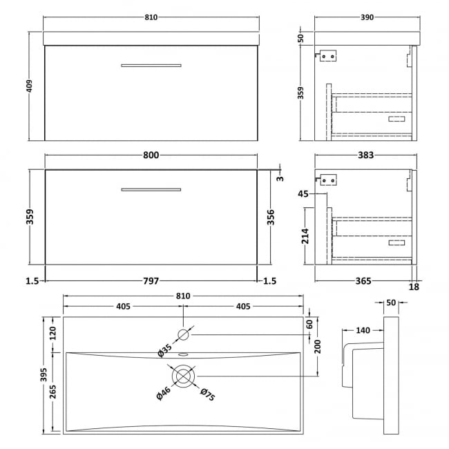 Nuie Arno Wall Hung 1-Drawer Vanity Unit with Basin-3 800mm Wide - Satin Grey