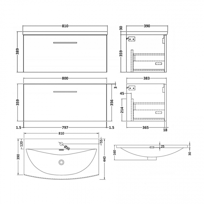 Nuie Arno Wall Hung 1-Drawer Vanity Unit with Basin-4 800mm Wide - Satin Anthracite