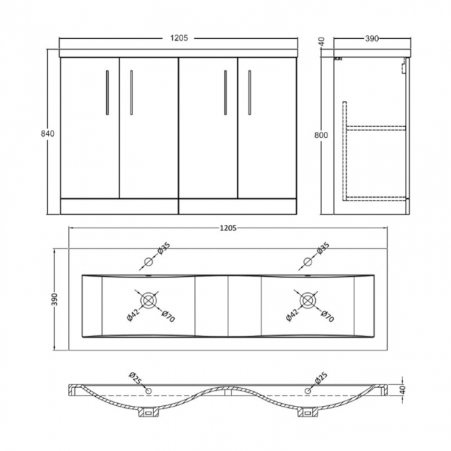 Nuie Arno Floor Standing 4-Door Vanity Unit with Double Ceramic Basin 1200mm Wide - Gloss White