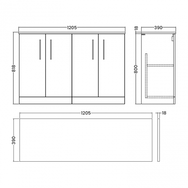 Nuie Arno Floor Standing 4-Door Vanity Unit with Worktop 1200mm Wide - Satin Anthracite