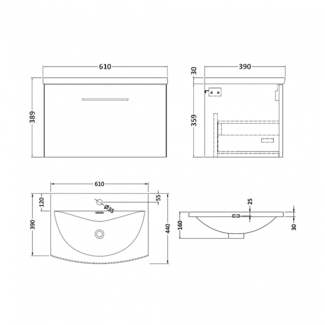 Nuie Arno Wall Hung 1-Drawer Vanity Unit with Basin-4 600mm Wide - Solace Oak Woodgrain