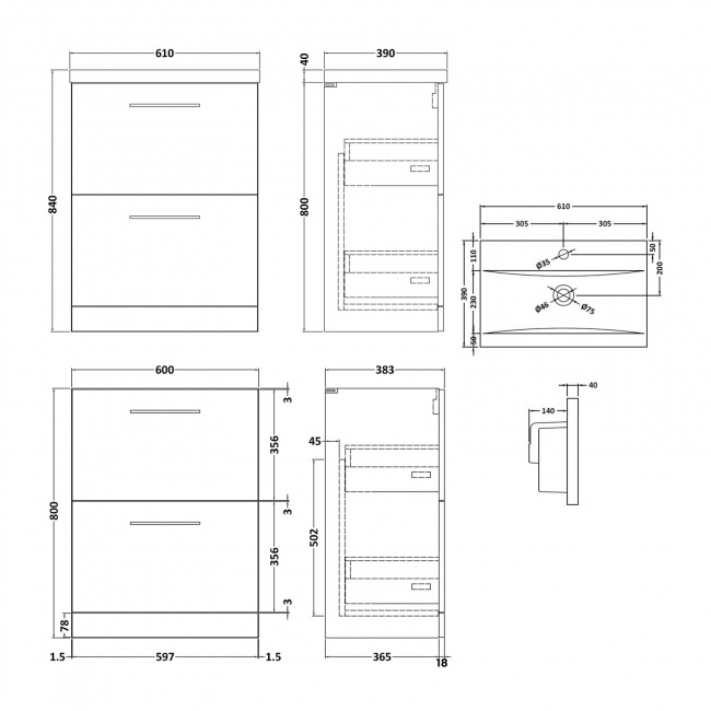 Nuie Arno Floor Standing 2-Drawer Vanity Unit with Basin-1 600mm Wide - Solace Oak Woodgrain