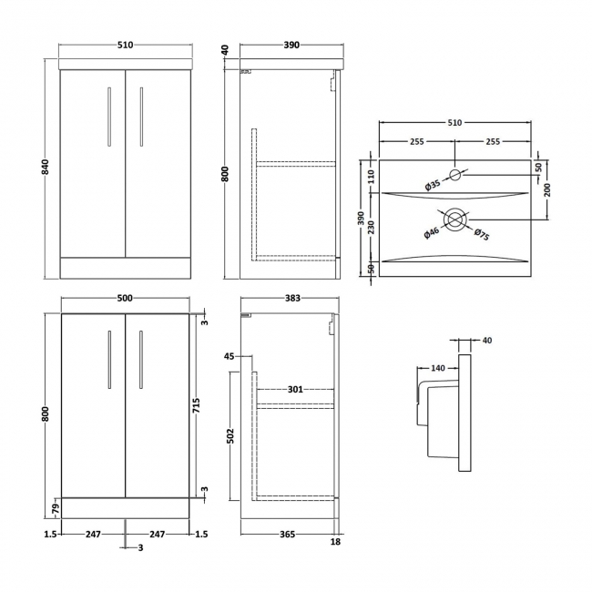 Nuie Arno Floor Standing 2-Door Vanity Unit with Basin-1 500mm Wide - Solace Oak Woodgrain