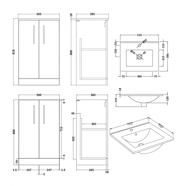 Nuie Arno Floor Standing 2-Door Vanity Unit with Basin-2 500mm Wide - Gloss White