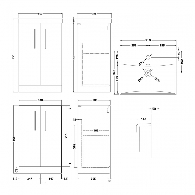 Nuie Arno Floor Standing 2-Door Vanity Unit with Basin-3 500mm Wide - Black Woodgrain