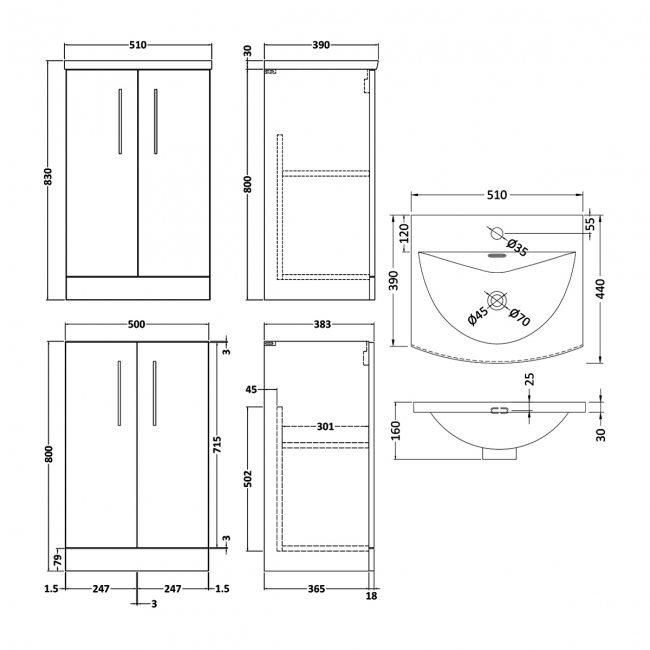 Nuie Arno Floor Standing 2-Door Vanity Unit with Basin-4 500mm Wide - Satin Green