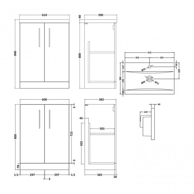 Nuie Arno Floor Standing 2-Door Vanity Unit with Basin-1 600mm Wide - Anthracite Woodgrain