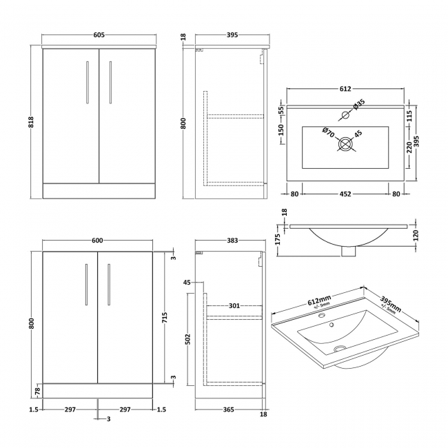 Nuie Arno Floor Standing 2-Door Vanity Unit with Basin-2 600mm Wide - Satin Grey