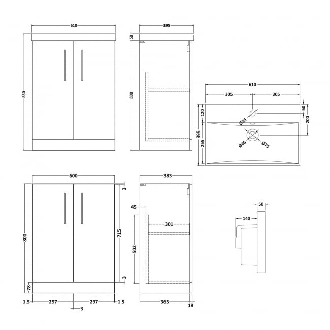 Nuie Arno Floor Standing 2-Door Vanity Unit with Basin-3 600mm Wide - Satin Anthracite