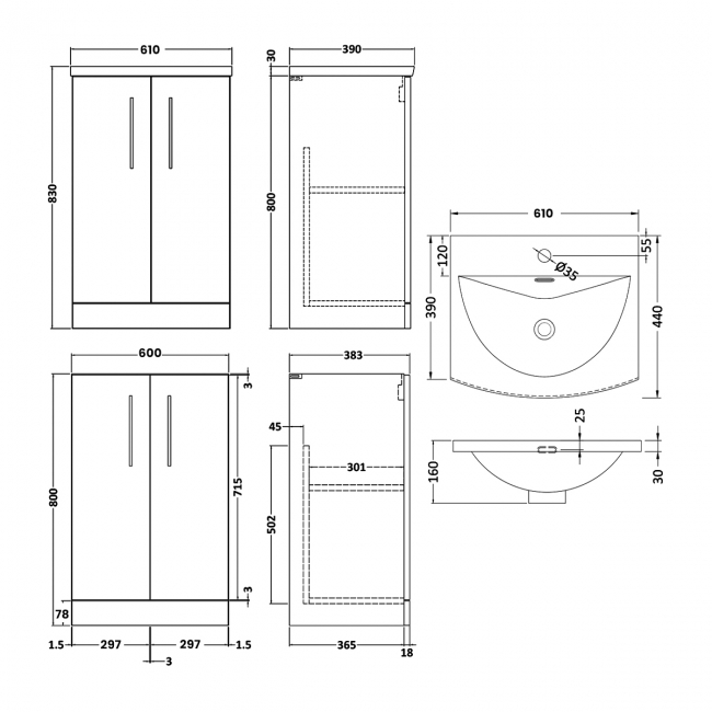 Nuie Arno Floor Standing 2-Door Vanity Unit with Basin-4 600mm Wide - Satin Grey